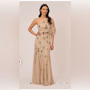 Adrianna Papell one shoulder beaded gown in nude